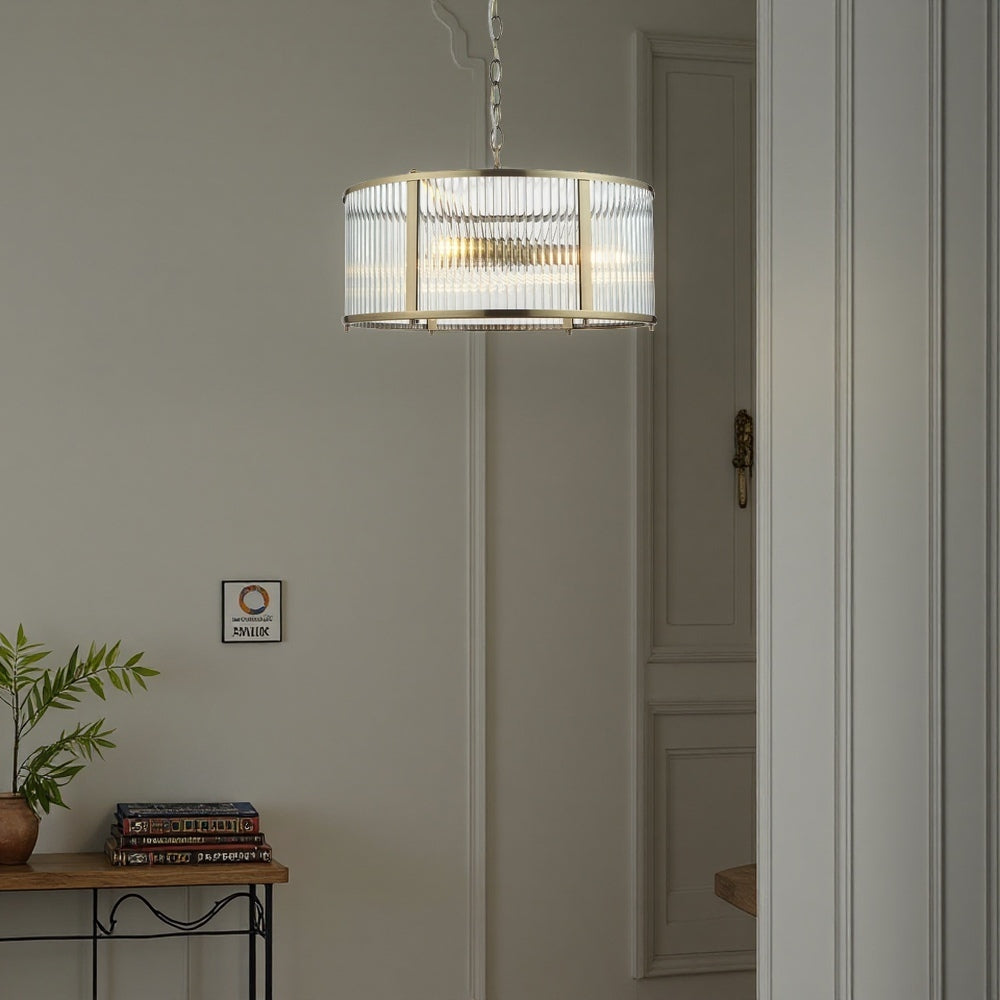 Ribbed Glass Brass Pendant Lamp - Antique Brass Light
