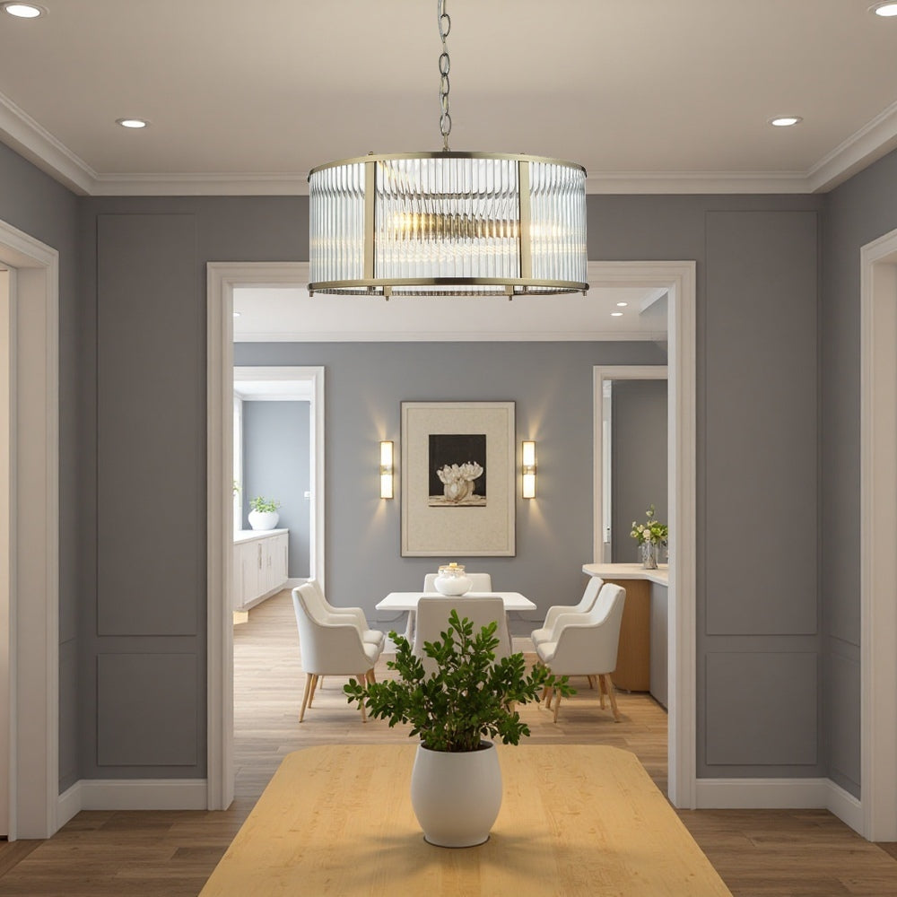 Ribbed Glass Brass Pendant Lamp - Antique Brass Light