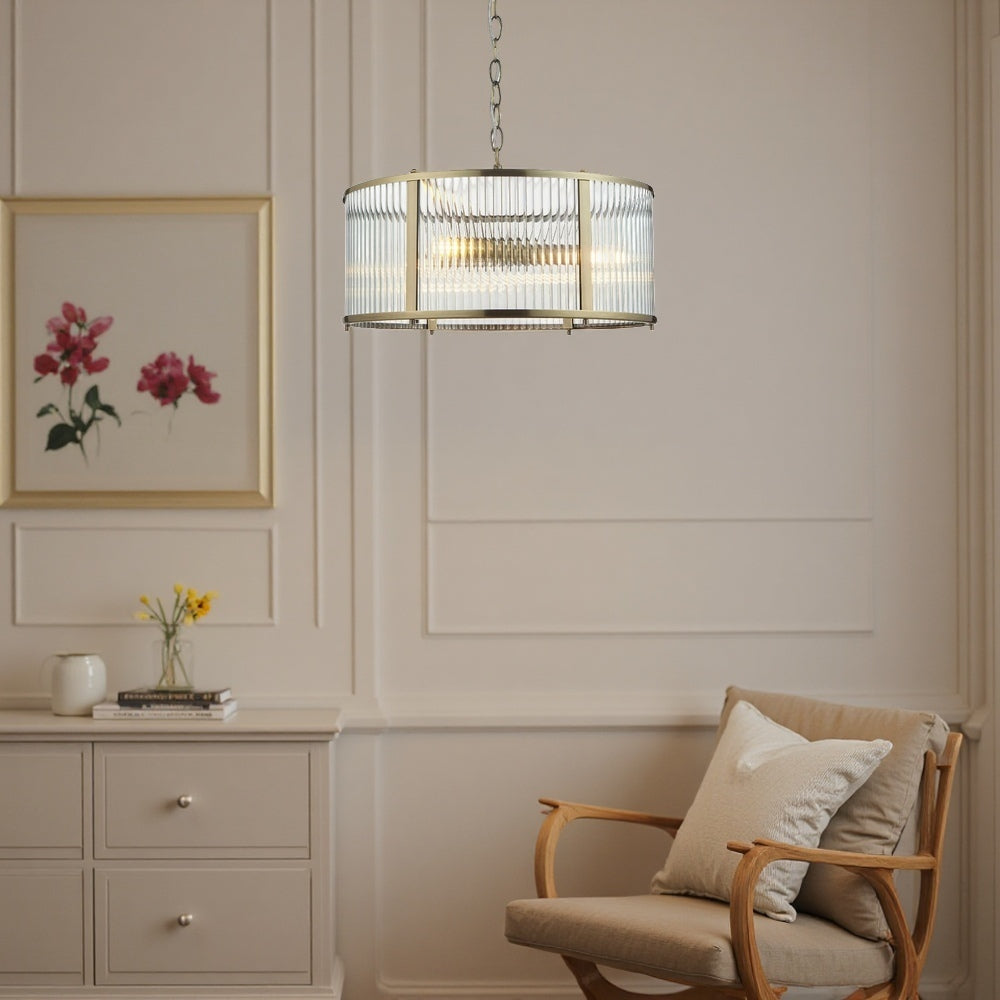 Ribbed Glass Brass Pendant Lamp - Antique Brass Light