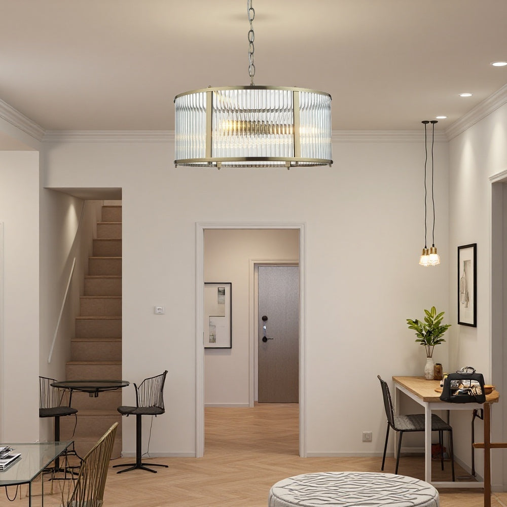 Ribbed Glass Brass Pendant Lamp - Antique Brass Light