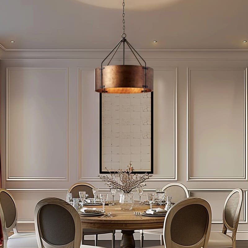 Industrial Bronze Drum Pendant Light – Rustic Metal 4 - Light Chandelier