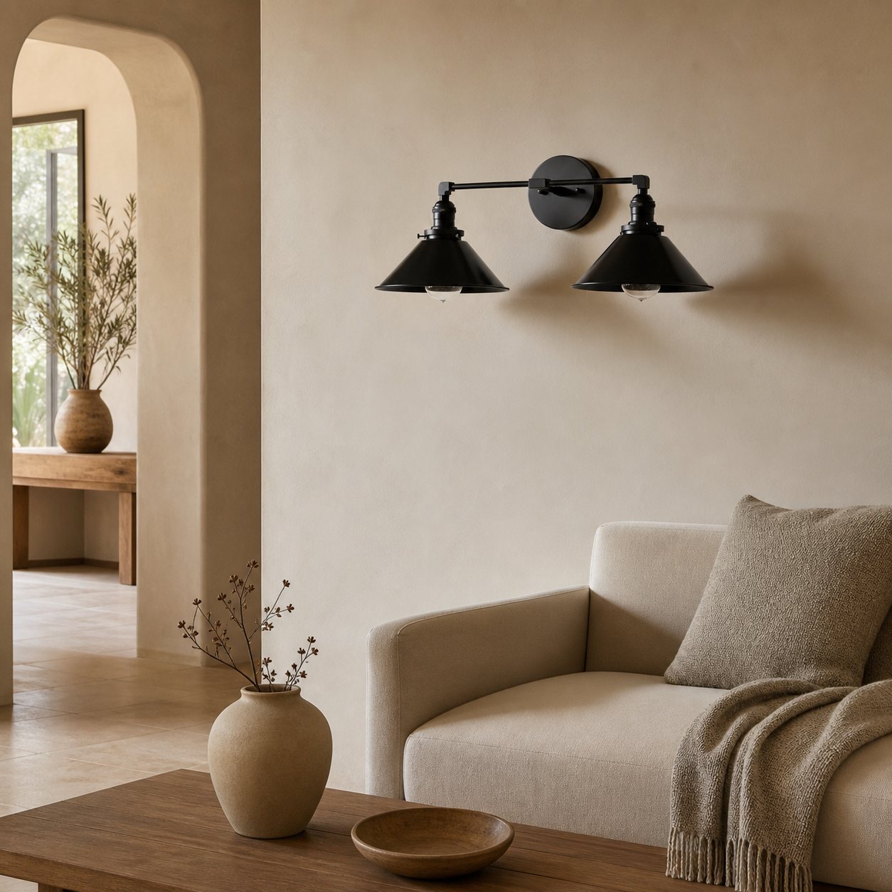 Conique Metal Dual Black Sconce with Cone Shades - Industrial Vanity Wall Light for Mirror