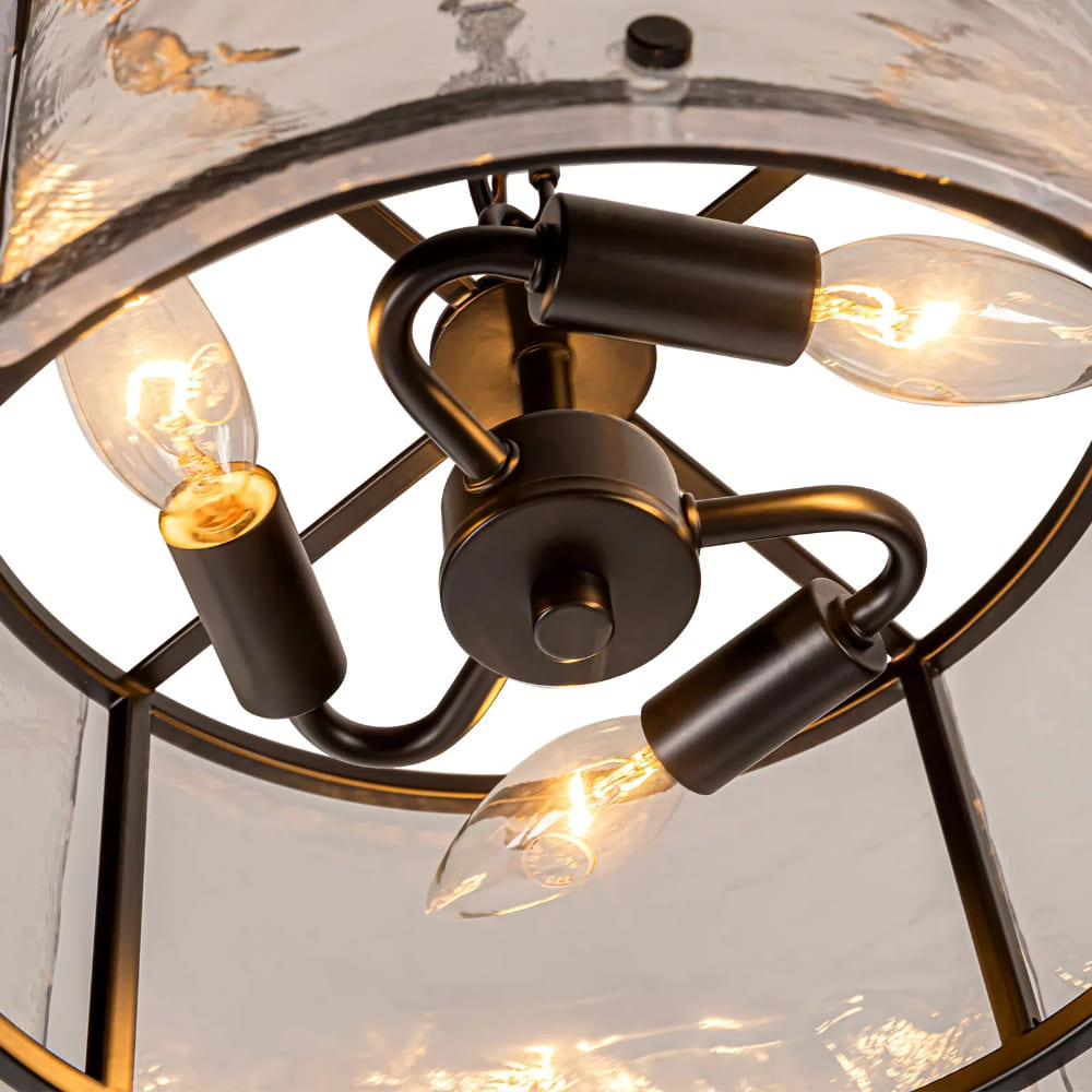 Water Ripple Drum Pendant Light - Matte Black Clear Glass 3-Light Chandelier