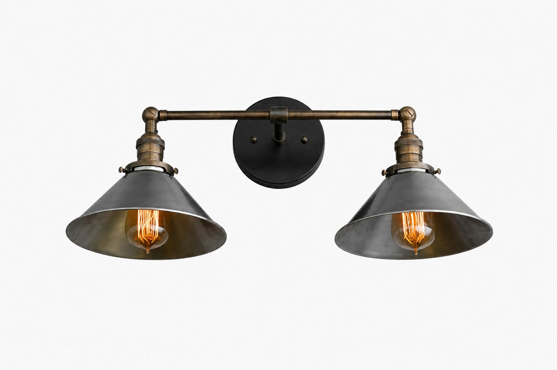 Conique Metal Industrial Wall Sconce with Dual Cone Shades - Vintage Metal Finish