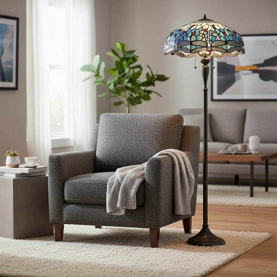 TiffStar Art Glass Floor Lamp with Ornamental Pattern Shade – Standing Light for Living Rooms