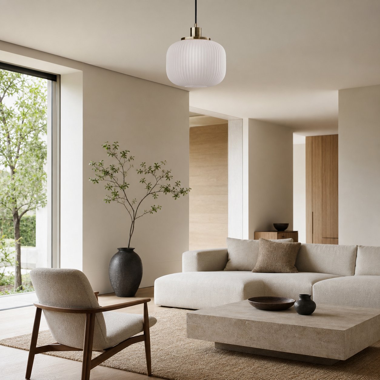 Pelviona Modern Ribbed Glass Pendant - Frosted & Brass Ceiling Light Add Timeless Charm to Your Space