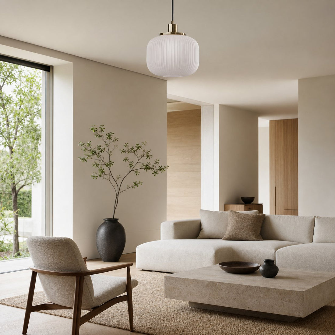Pelviona Modern Ribbed Glass Pendant - Frosted & Brass Ceiling Light Add Timeless Charm to Your Space