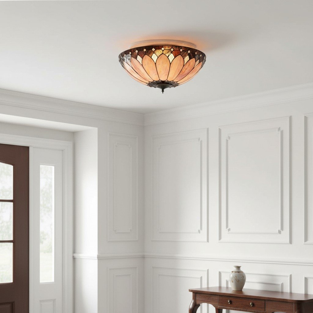 TF Brooklyn Tiffany Glass Flush Mount Ceiling Light - Art Deco Design for Hallway or Living Room