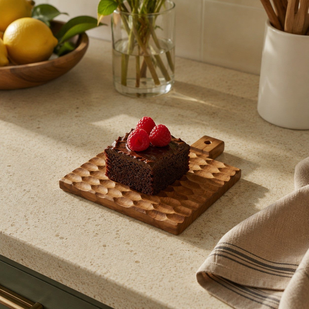 Textured wood board used to serve dessert
