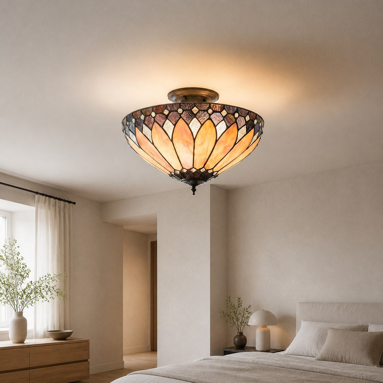 TF Brooklyn Tiffany Semi-flush Ceiling Light - Geometric Glass Shade for Hallways or Living Rooms