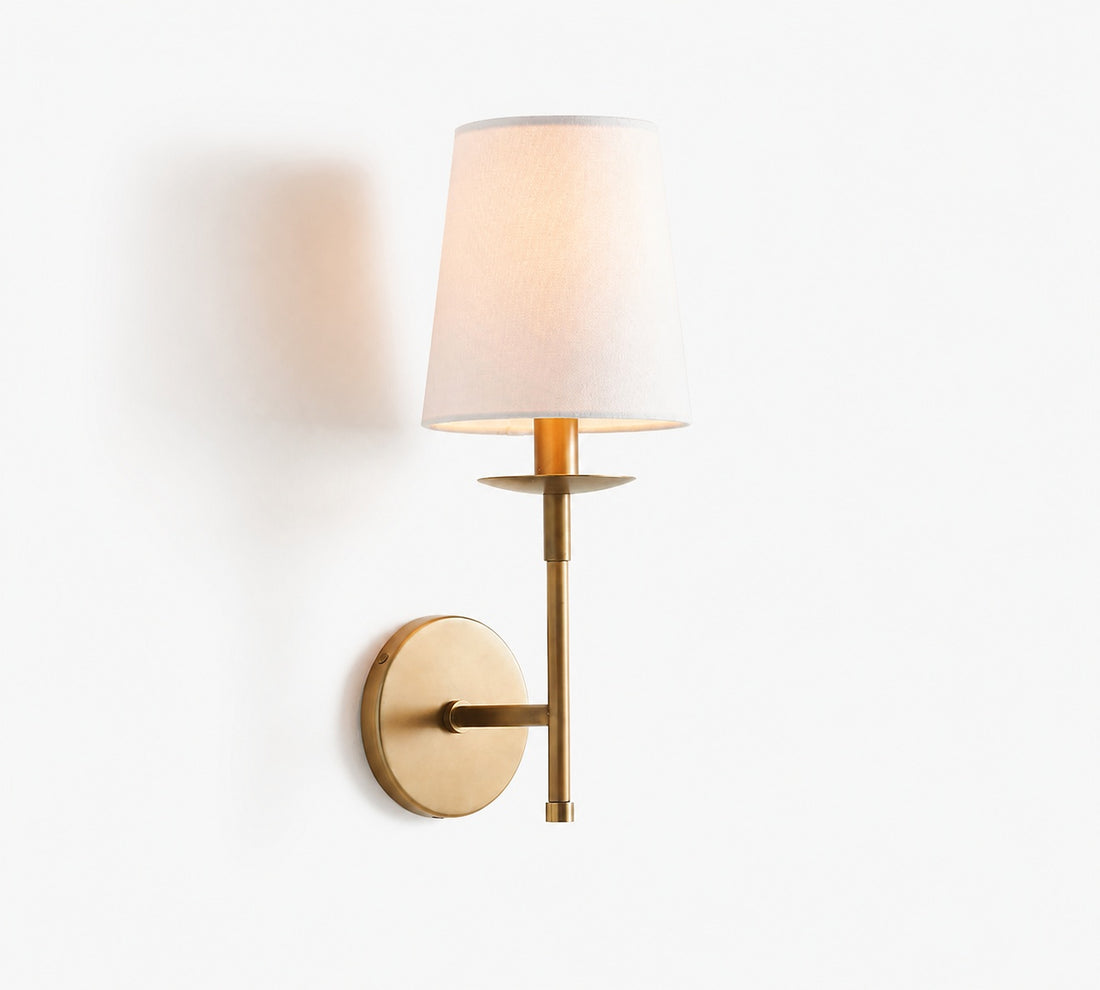 Rowan Bronze or Brass Wall Sconce - Iron Light with White Linen Shade for Home