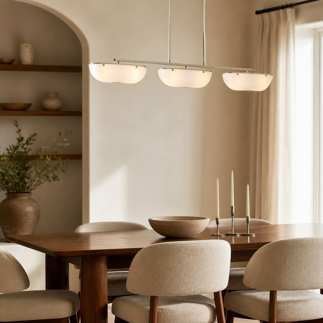 Ferosa Boat-Shaped Lampshade Linear Chandelier - Antique Brass with Milk Glass