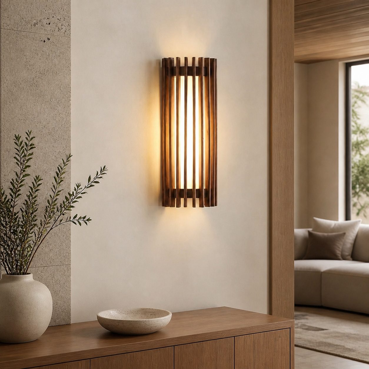 Boskelux Walnut Wall Lamp – Curved Backplate and Diffused Glow for Living Rooms or Hallways