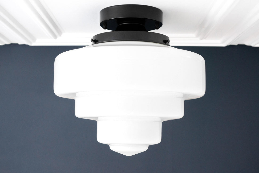 Geotower Glass Brass Ceiling Lamp – Handblown Opal Glass Globe Light