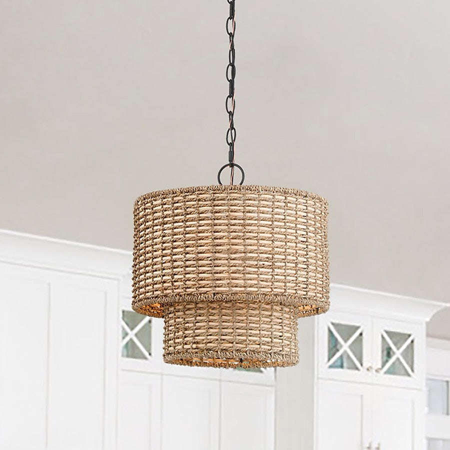 Natural Rattan Double Drum Pendant Light With Black Canopy