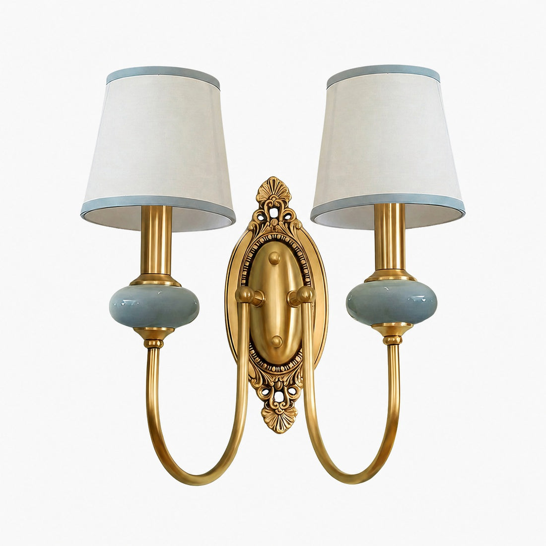 Rowanea Ceramic Wall Sconce with Fabric Shade and Metal Finish – Farmhouse Modern Hallway Light