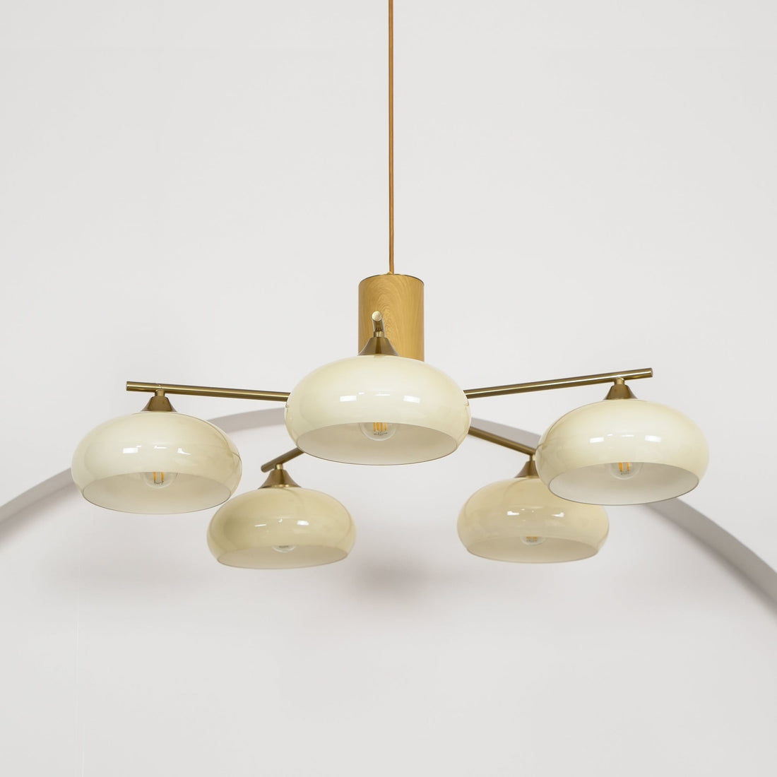 Bowl Shaped Multi - Head Chandelier With Wooden Decoration