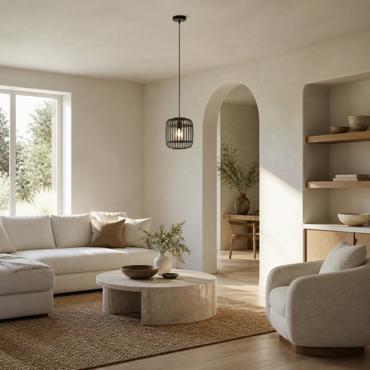 Yumeko Adjustable Bamboo Pendant Lamp - Natural Cage Ceiling Light Perfect for Living & Dining Rooms