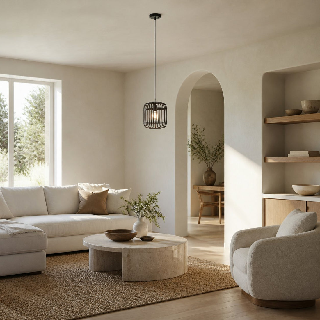 Yumeko Adjustable Bamboo Pendant Lamp - Natural Cage Ceiling Light Perfect for Living & Dining Rooms
