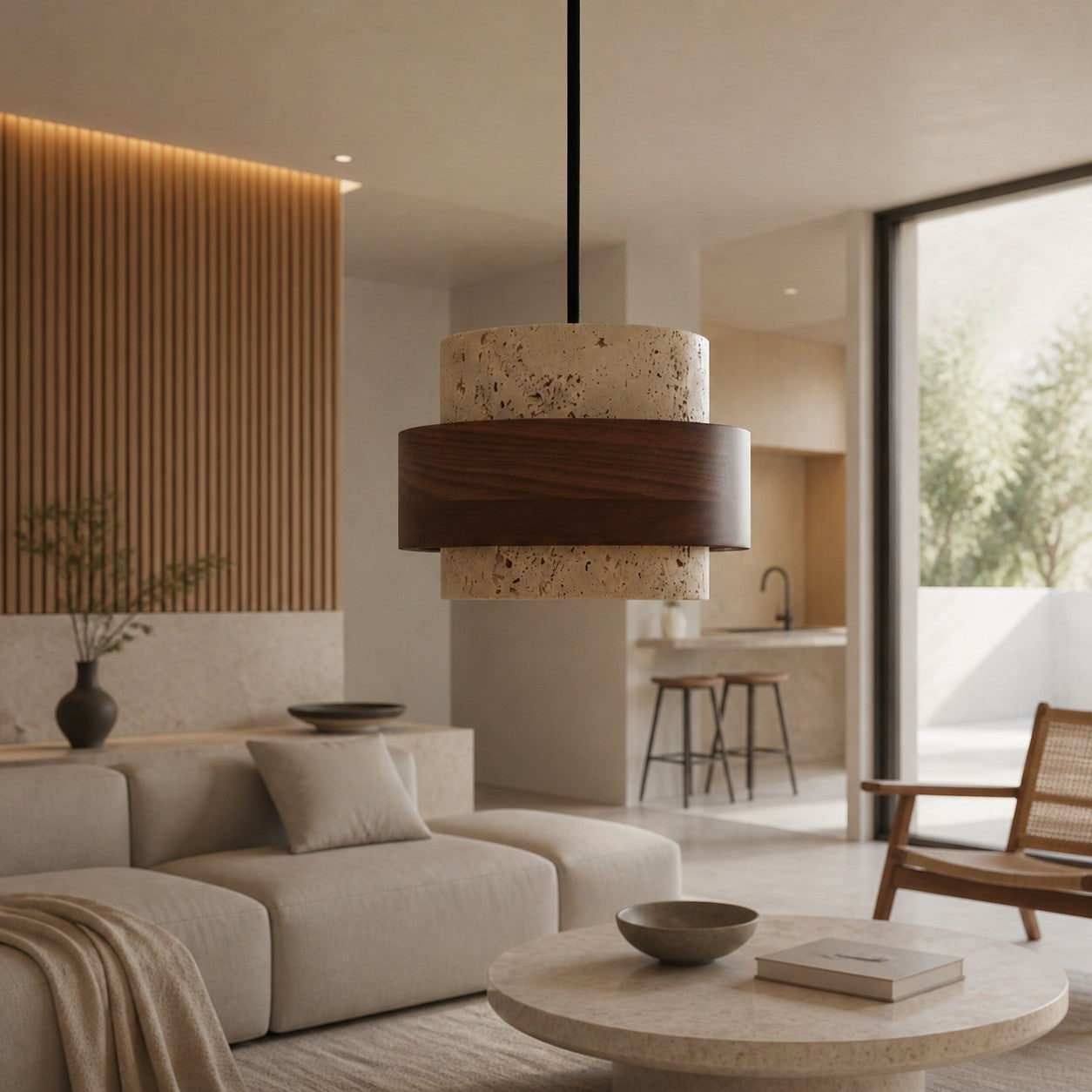 Stonel Contemporary Travertine Cylinder Pendant Lamp with Wood Frame U14