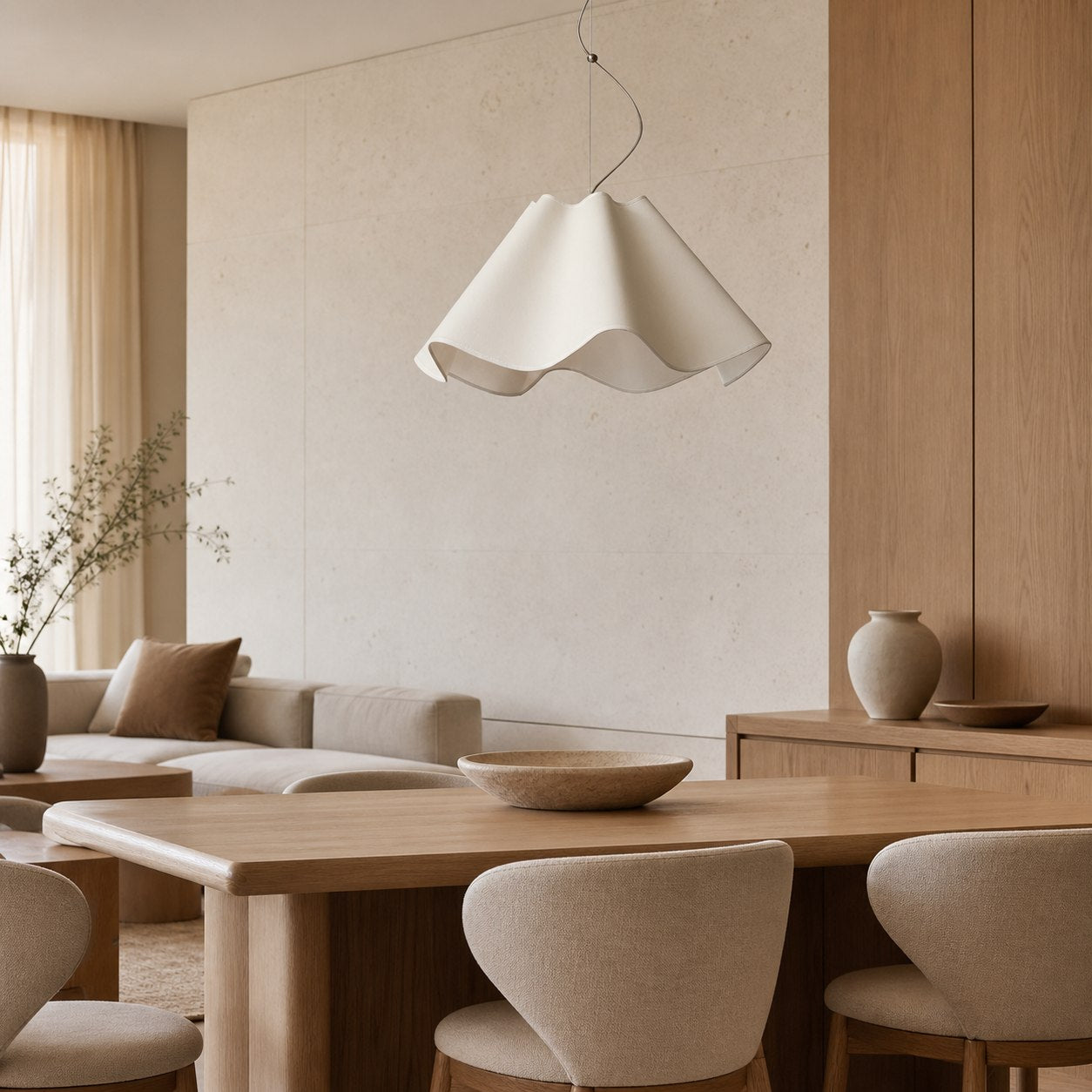 Oslan Ivory Linen Pendant Light - Scalloped Shade Modern Ceiling Lamp