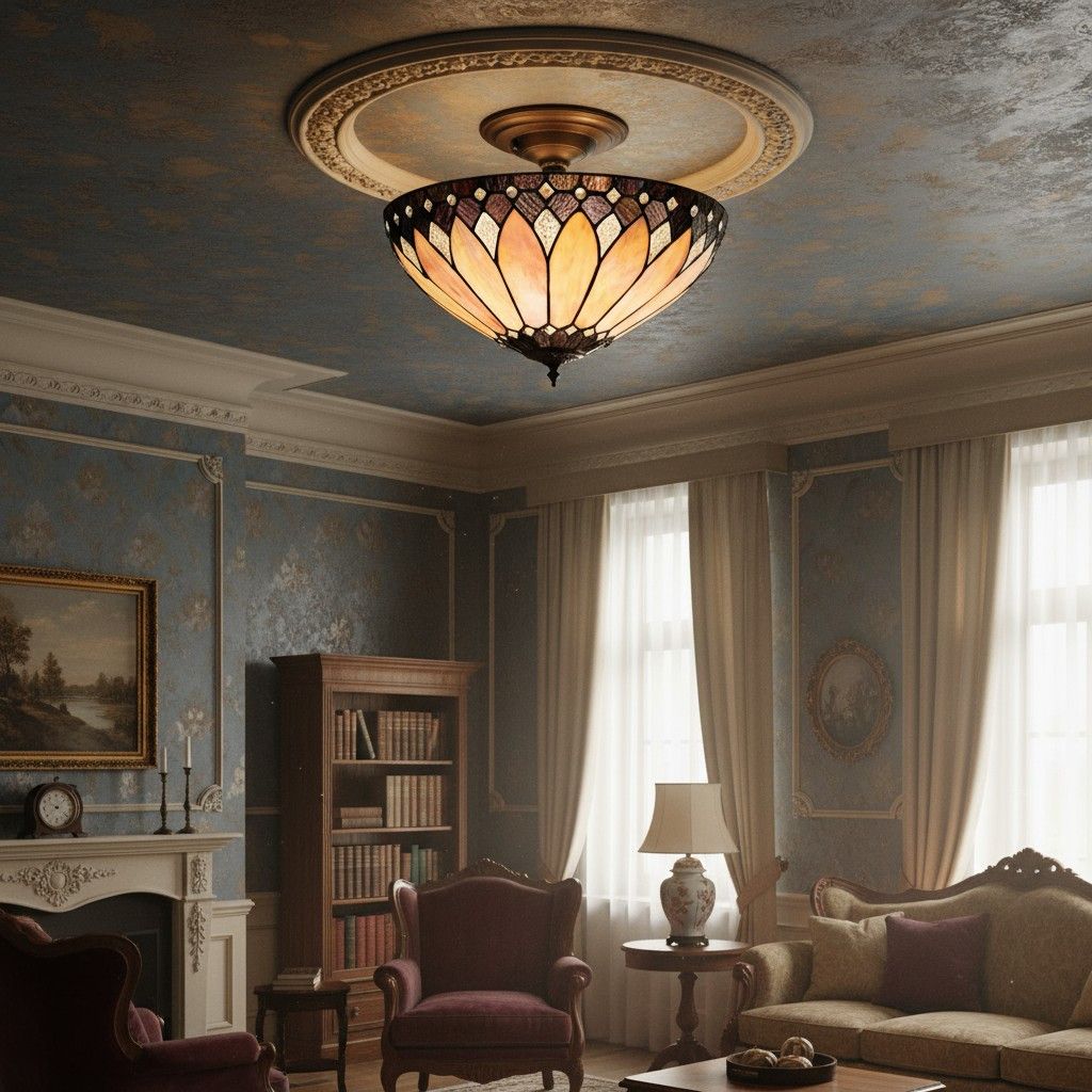 TF Brooklyn Tiffany Semi-flush Ceiling Light - Geometric Glass Shade for Hallways or Living Rooms