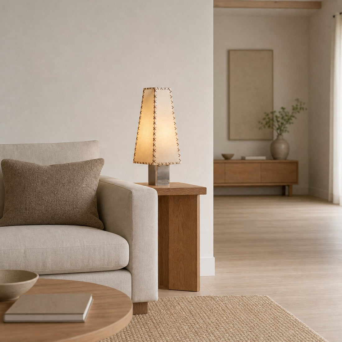 Modern Geometric Metal Table Lamp – Parchment Shade for Bedroom Nightstand Lighting