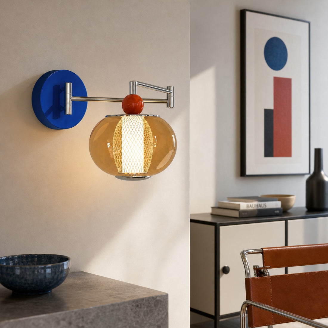 Orbit Style B Multicolor wall sconce in a Bauhaus interior