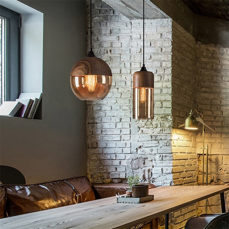 Wood Color Glass LED Pendant Lamp