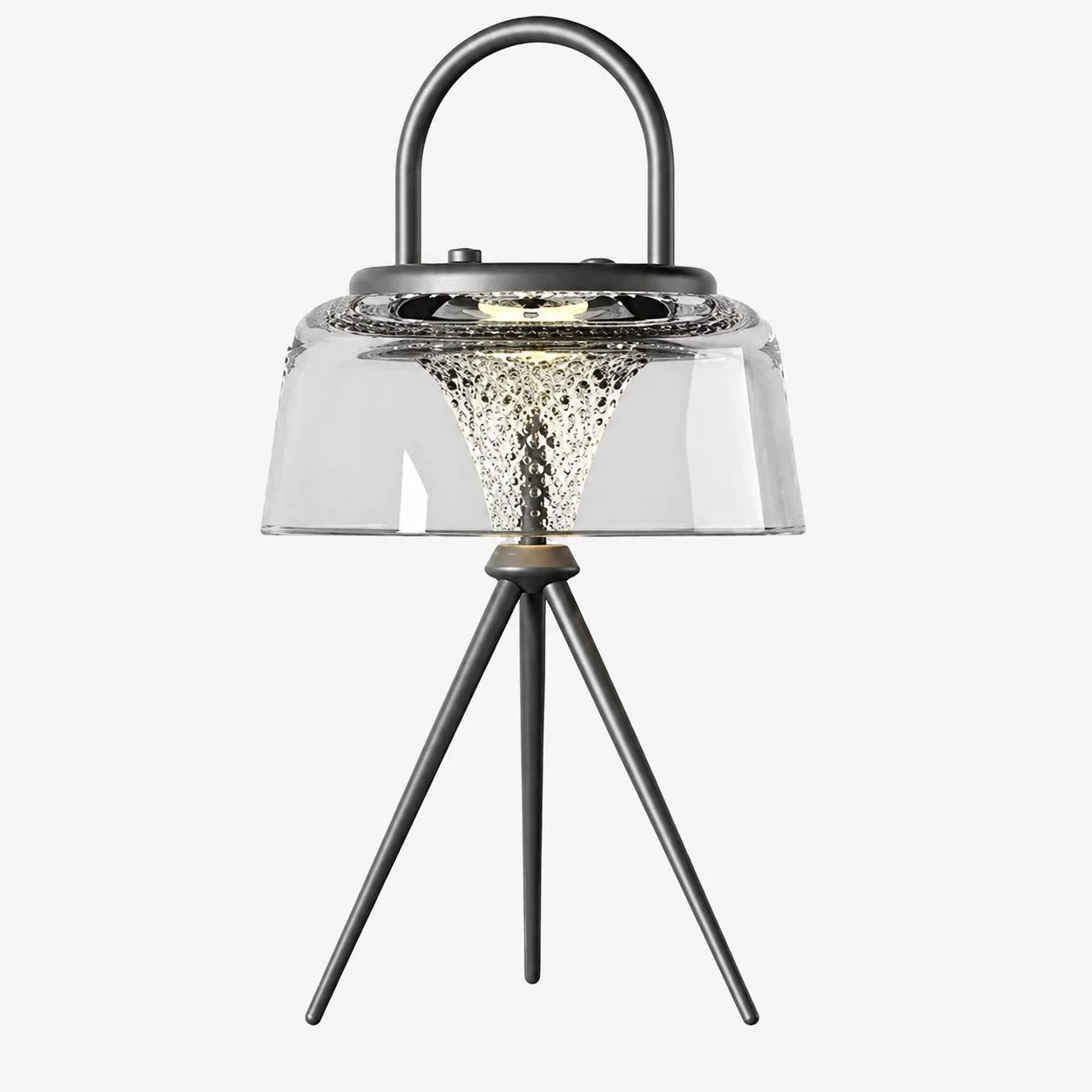 Clear solar garden lantern with black handle and tripod legs