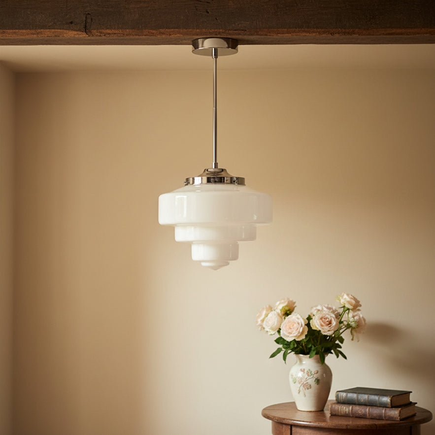 Geotower Glass Brass Pendant Light – Art Deco Opal Globe Ceiling Fixture