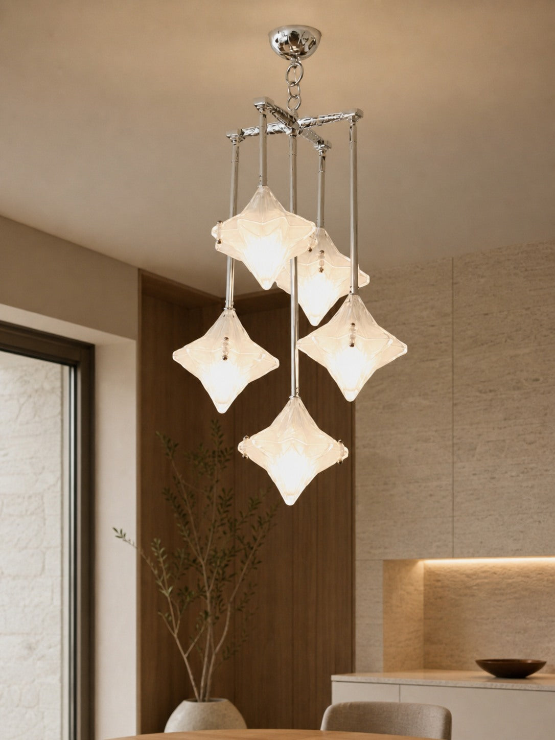 Art Deco Astris Star Chandelier – Frosted Glass Deco Fixture for Dining Room