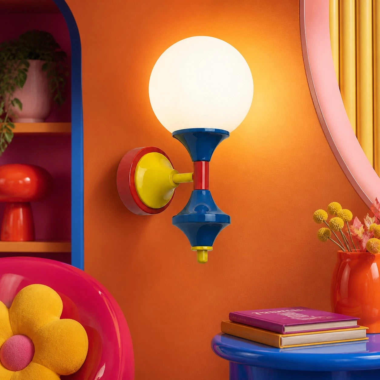 Style B color-block wall sconce in an orange maximalist interior