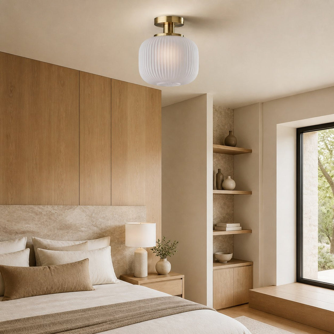 Pelviona Modern Ribbed Glass Pendant - Frosted & Brass Ceiling Light Add Timeless Charm to Your Space