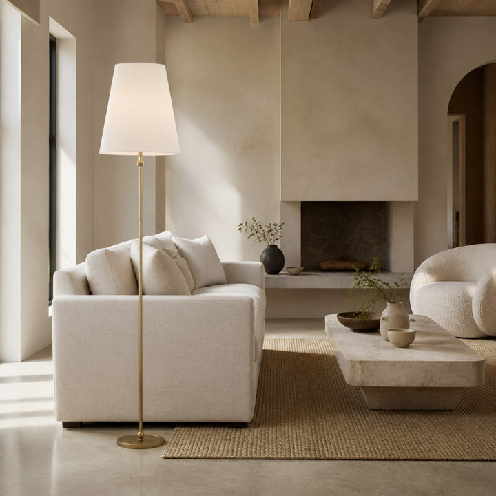 Serena Vintage Brass Floor Lamp - Iron Frame with Linen Drum Shade for Living Rooms and Reading Corners