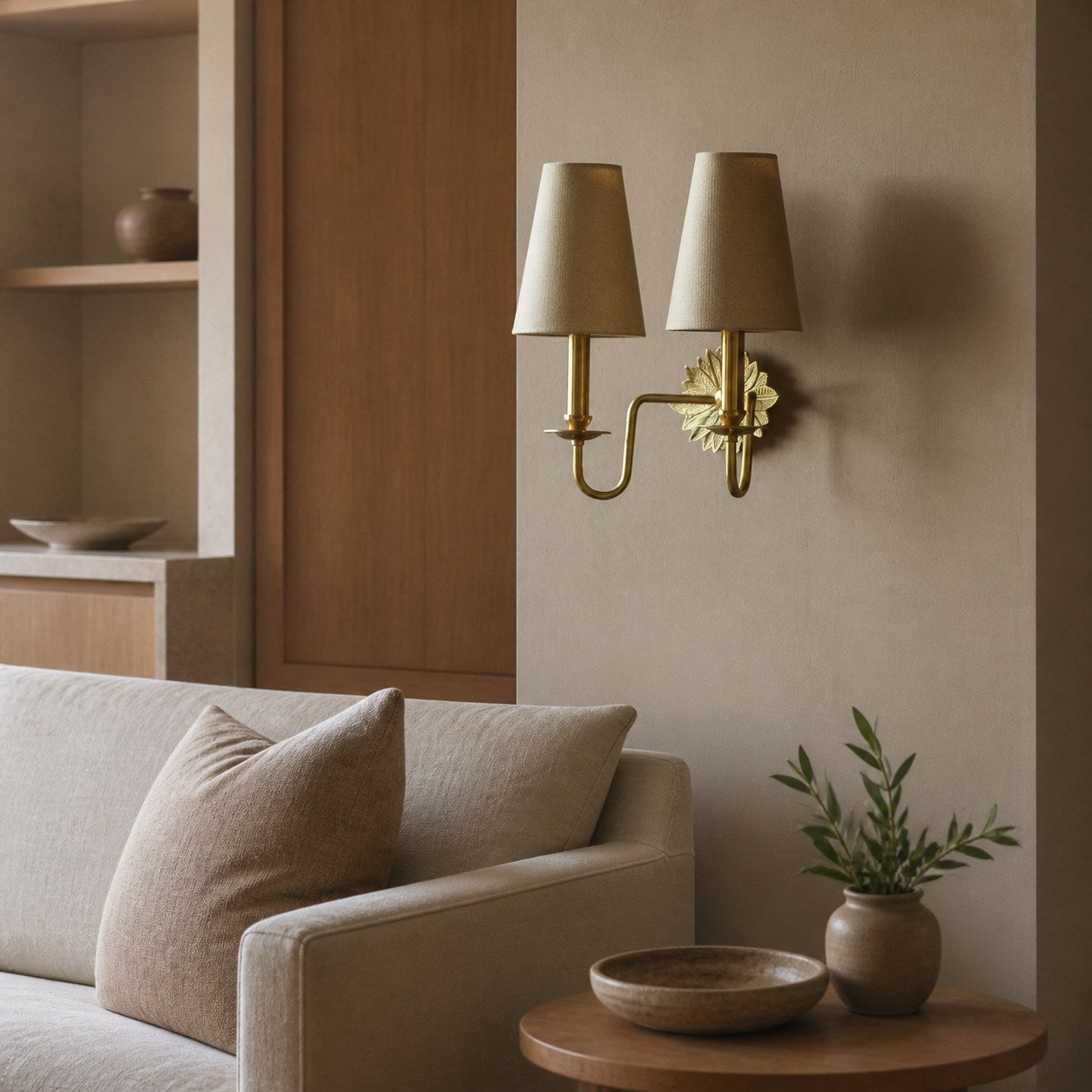 Duova Double Sconce – Antique Brass Metal and Linen Shades for Bedroom or Study