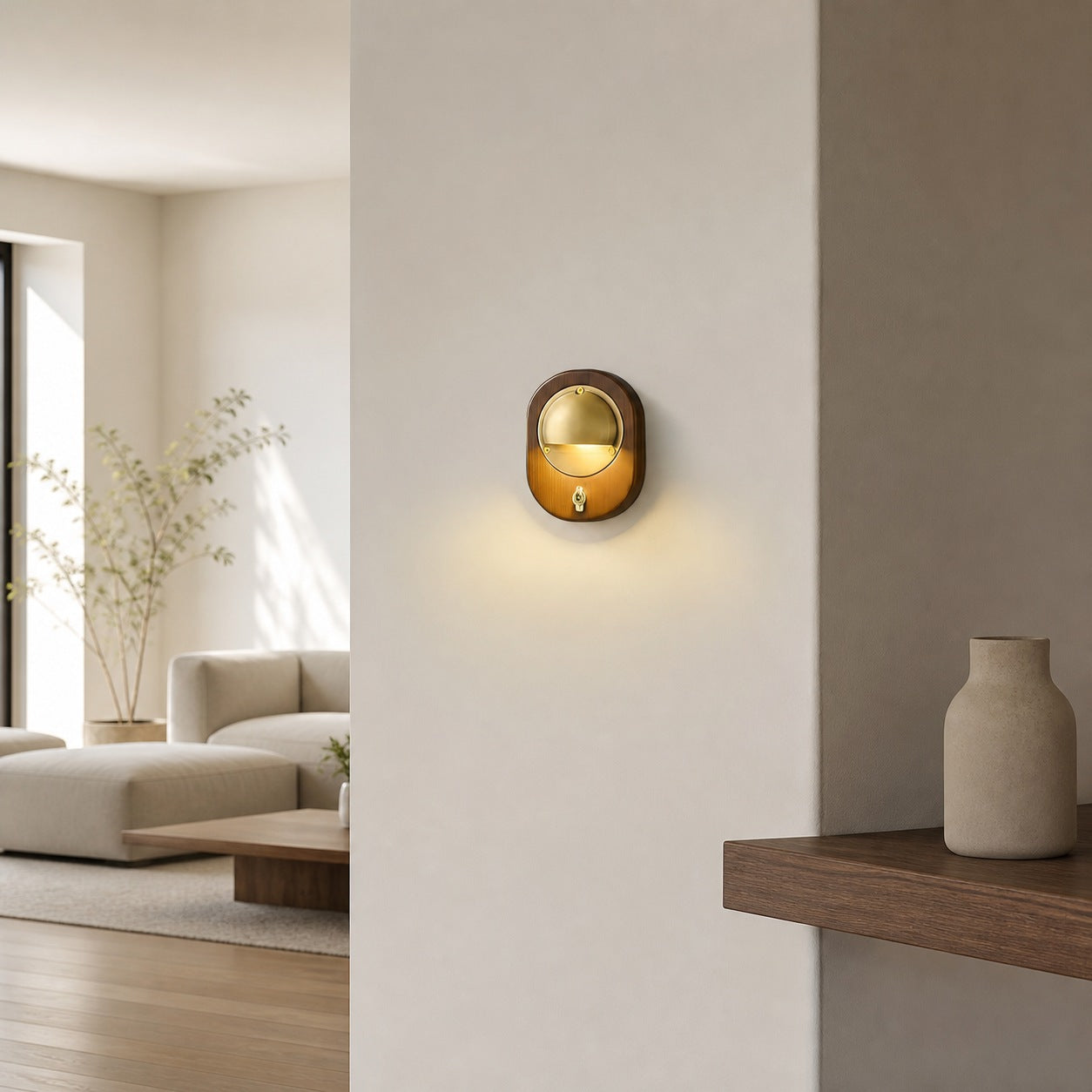 Ivoran Modern Wall Sconce - Ash Wood and Brass Spherical Lamp for Bedroom and Hallway