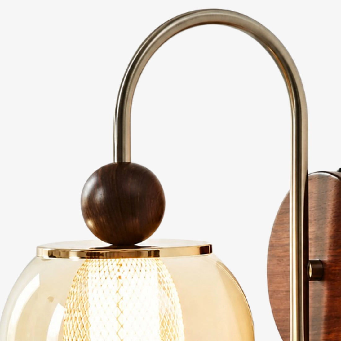 Arched metal arm and wood accent sphere detail