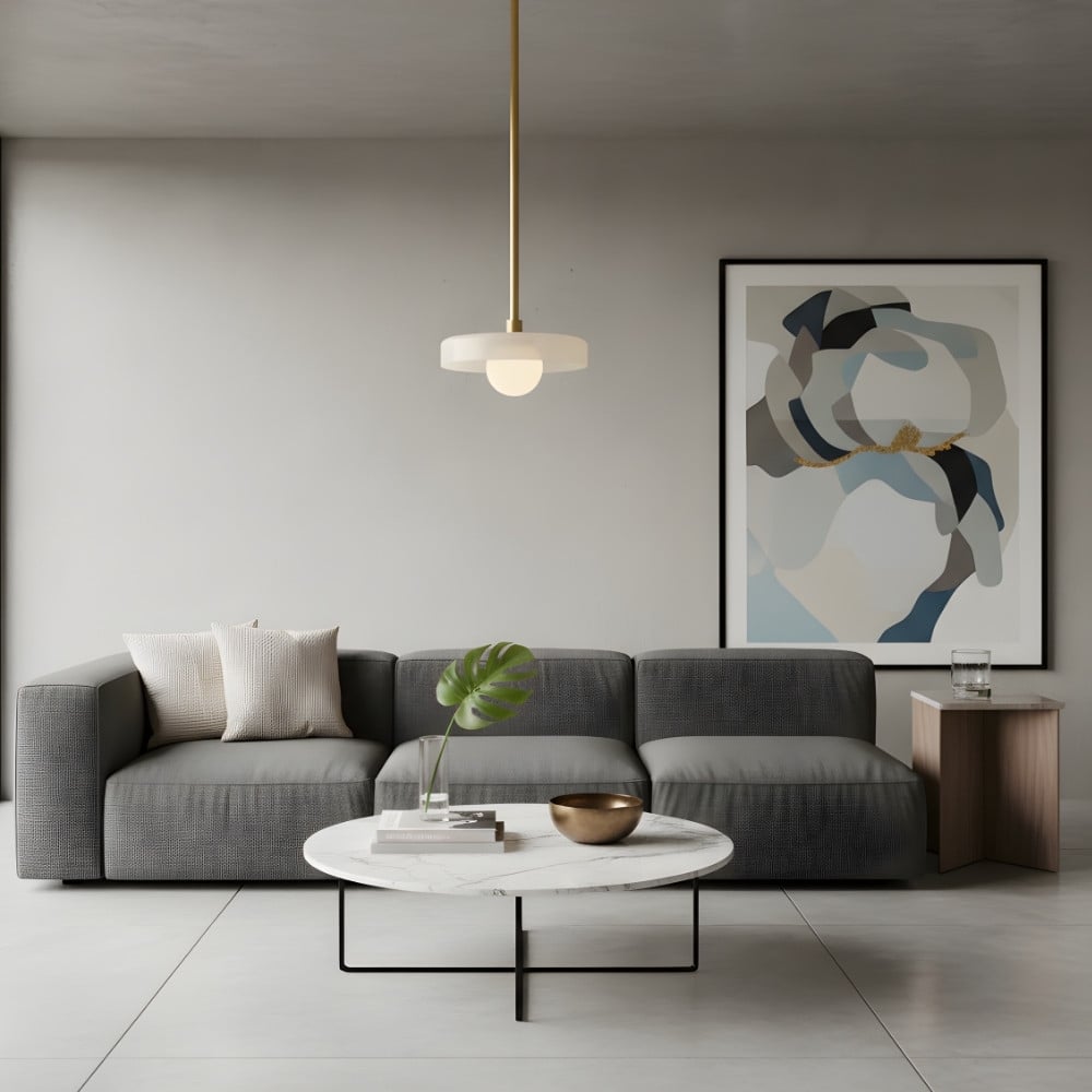 Kalo Modern Pendant Light - Sleek Metal Rod and Disc Orb Glass Design