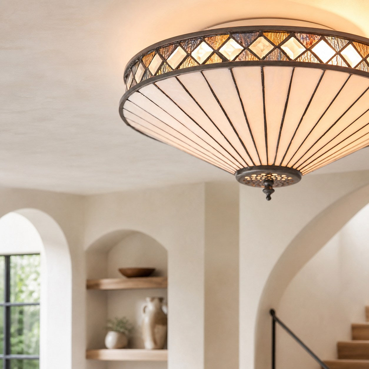 TF Fargo Geometric Flush Mount Light — Handcrafted Art Deco Stained Glass Lamp for Entryway
