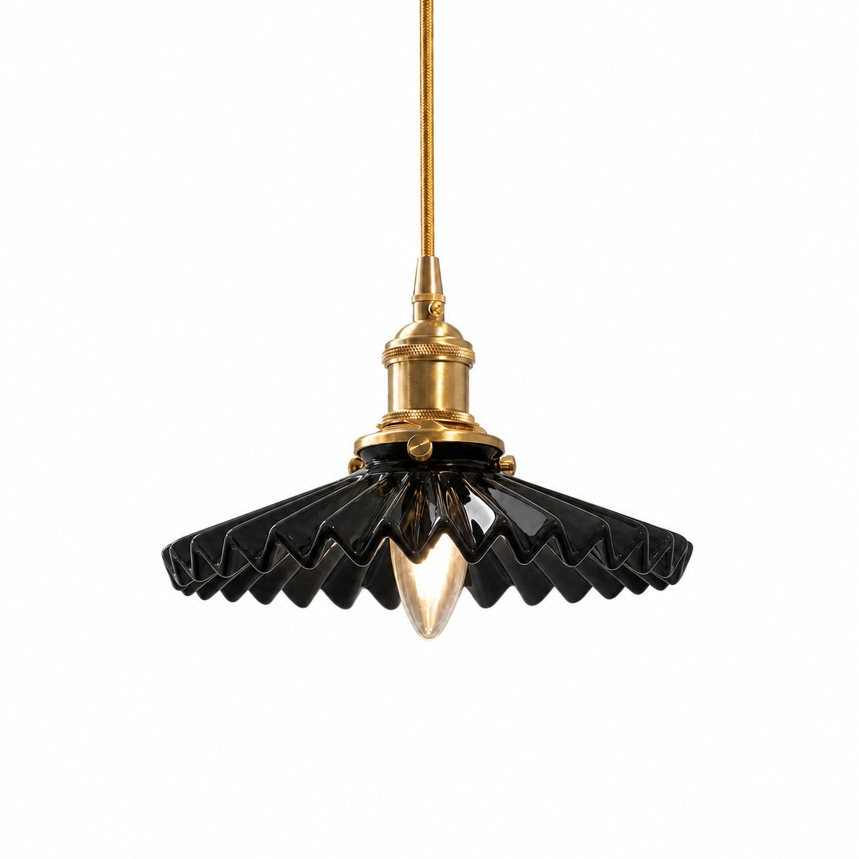 Black pleated ceramic pendant light with brass-finish base