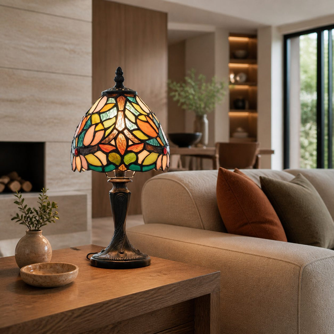 Calyra Vintage Floral Stained Glass Table Lamp — Art Deco Tiffany Style Accent Light for Bedside and Living Room