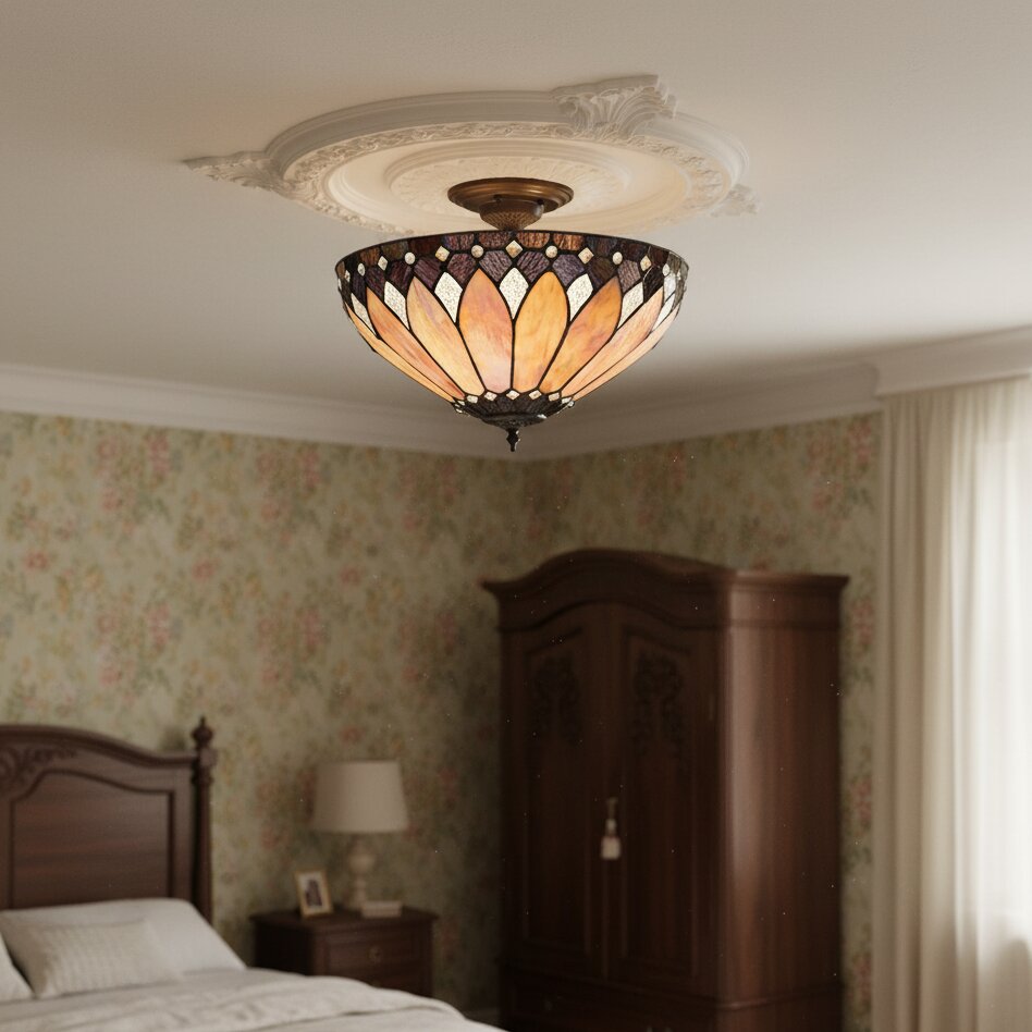 TF Brooklyn Tiffany Semi-flush Ceiling Light - Geometric Glass Shade for Hallways or Living Rooms