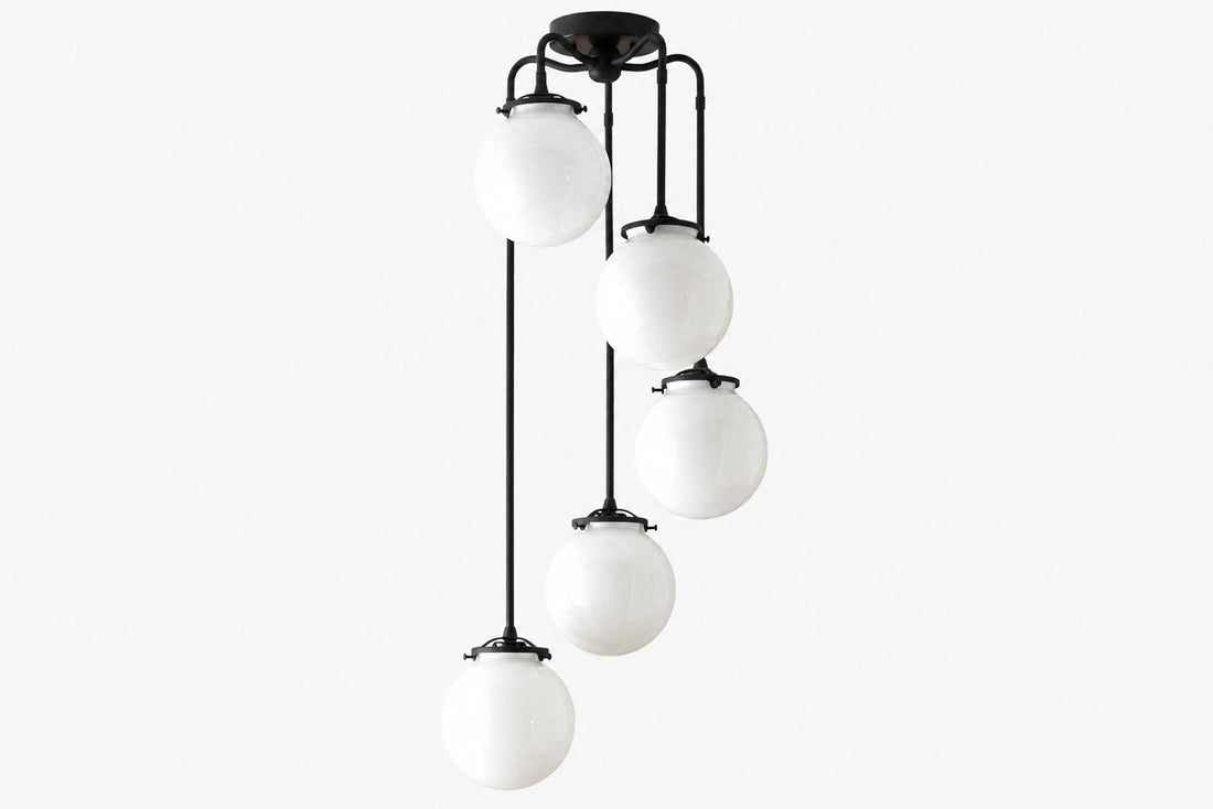 Glorica Glass 5 Globe Chandelier - Brass and Opal Glass Vintage Pendant Light