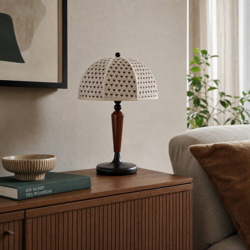 Solmire Table Lamp - French Vintage Fabric Dome Shade with Wood and Metal Base for Bedroom and Living Room