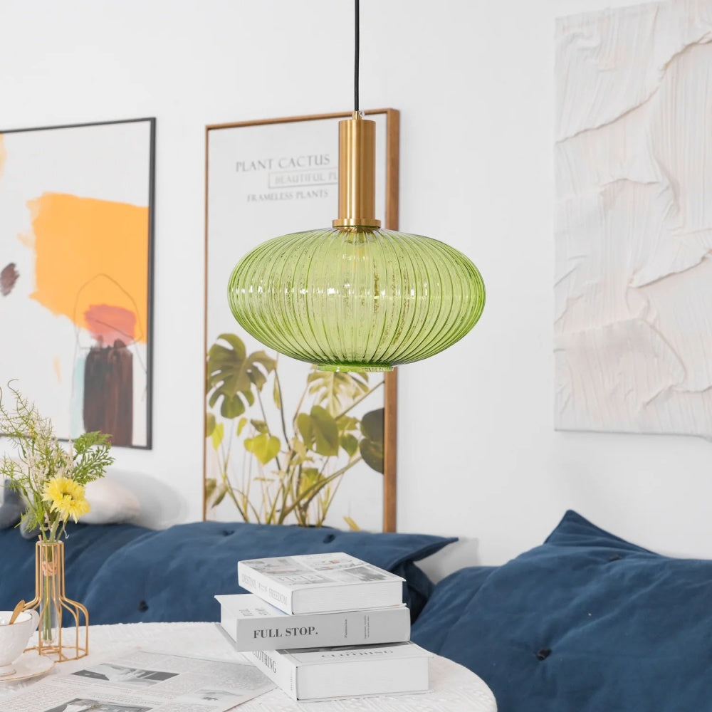 Ribbed Stained Glass Pendant Lamp – Retro Lantern Shape Hanging Light