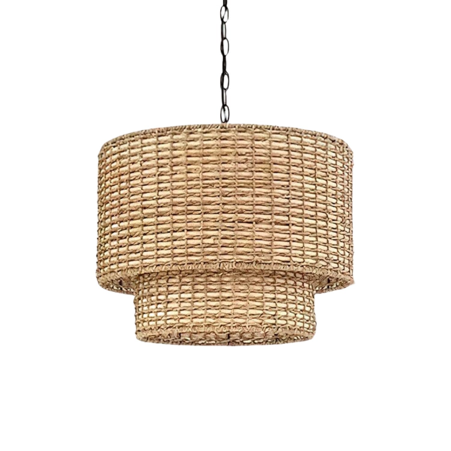 Natural Rattan Double Drum Pendant Light With Black Canopy