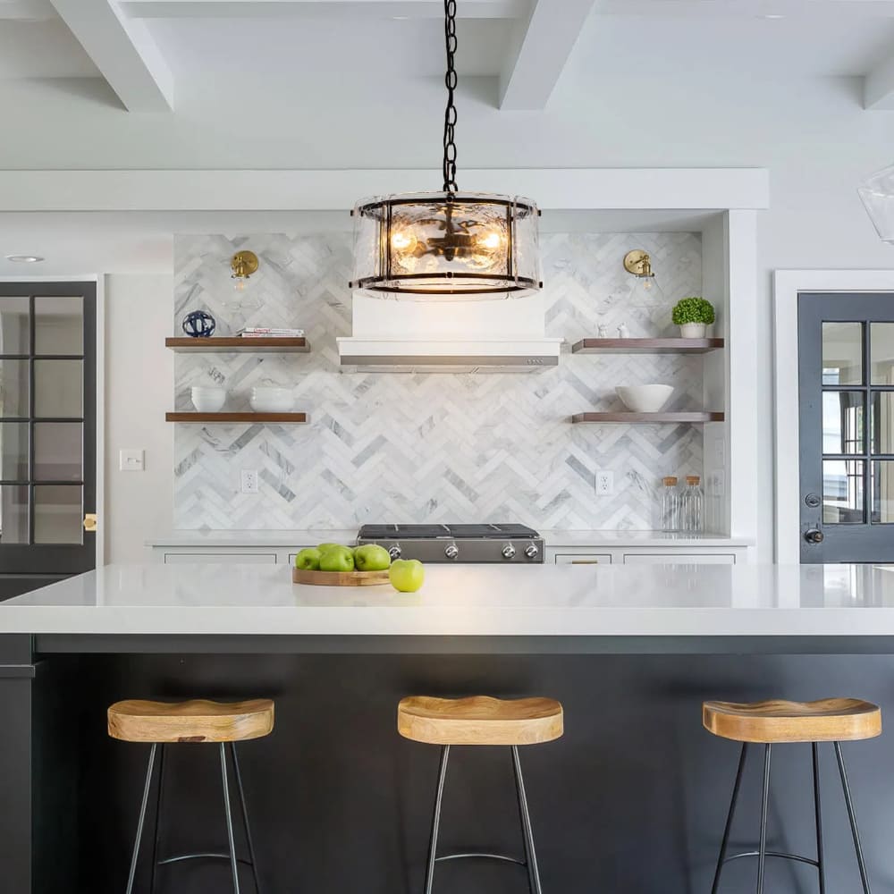 Water Ripple Drum Pendant Light - Matte Black Clear Glass 3-Light Chandelier