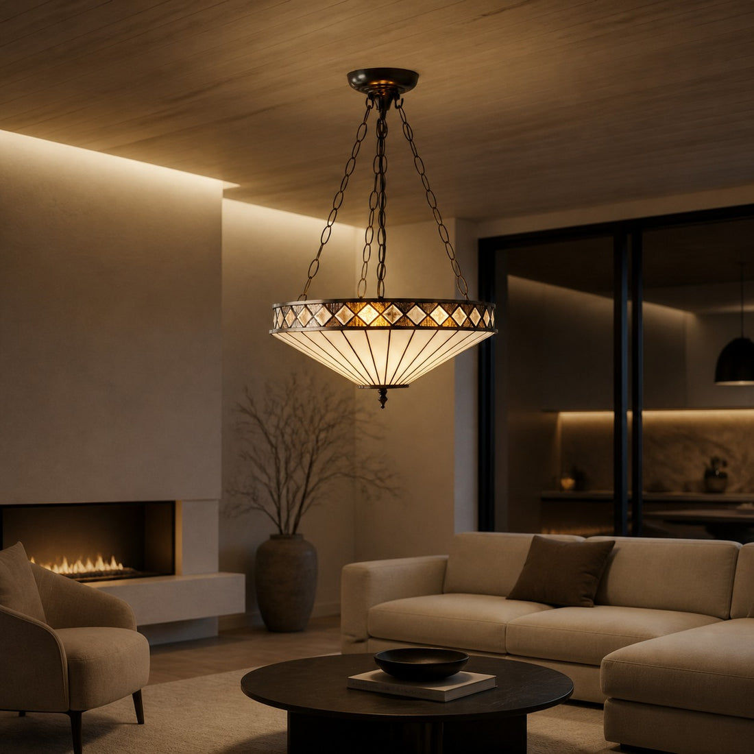 TF Fargo Adjustable Pendant with Stained-Glass Inspired Inverted Shade for Island and Dining