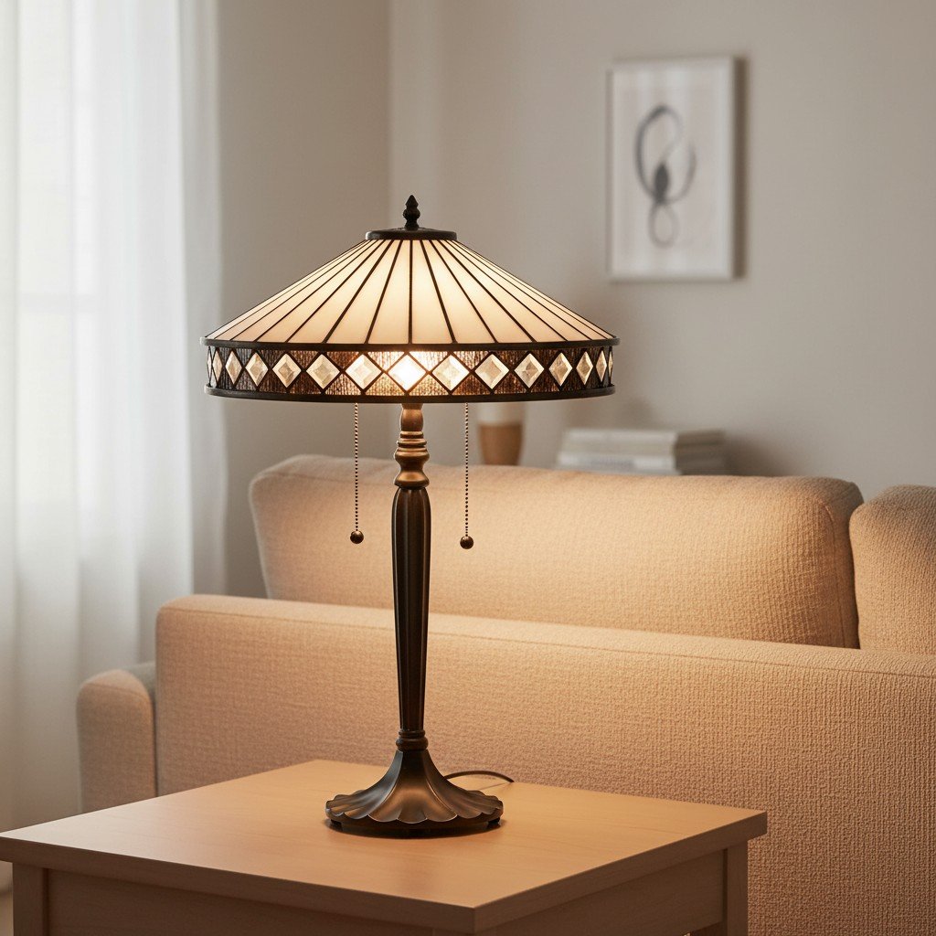 TF Fargo Geometric Tiffany Style Lamp - Amber and Cream Glass Accent Lighting for Bedroom or Study